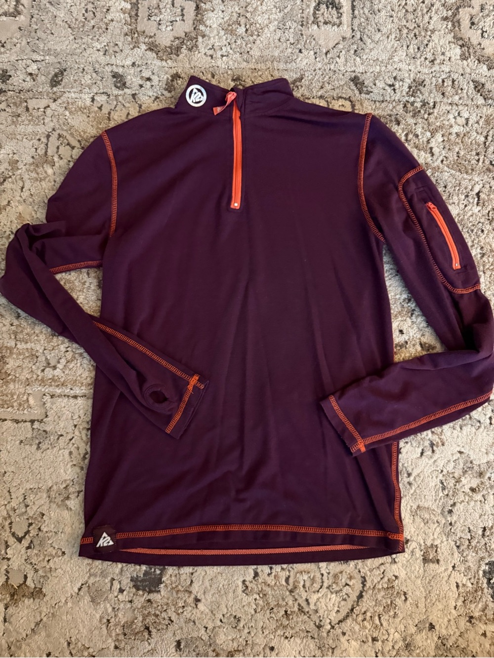 K2 Half-Zip Athletic Long Sleeve Top in Purple with Orange Trim, winter layering